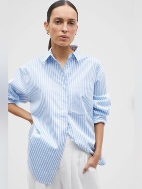 Seed Heritage Cotton Stripe Shirt in Frost Blue Stripe Size 8
